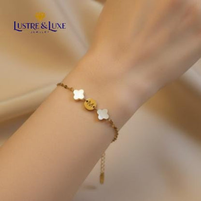 Mother of Pearl Clover Initial Bracelet, Gold Plated Stainless Steel