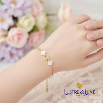 Mother of Pearl Clover Initial Bracelet, Gold Plated Stainless Steel