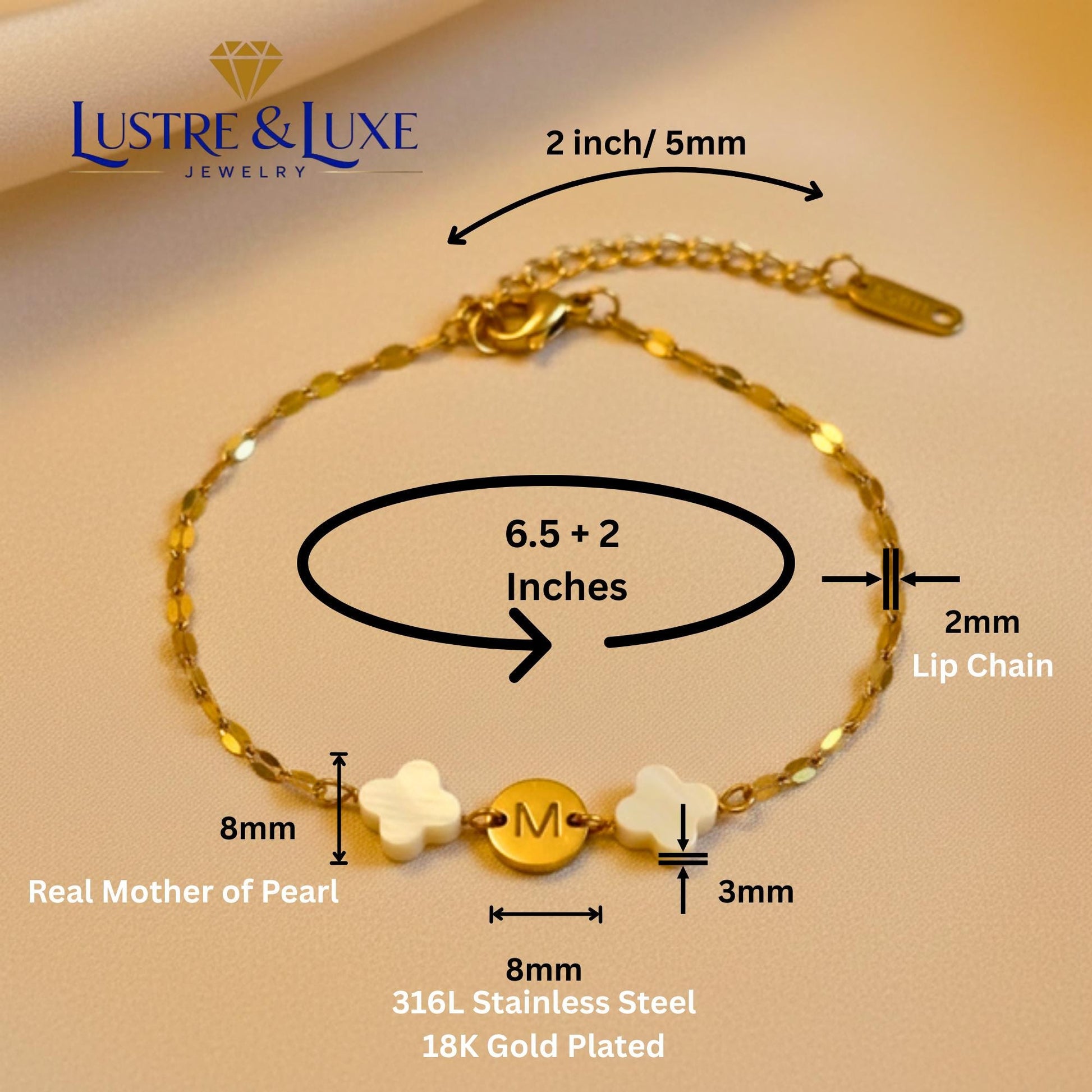 Mother of Pearl Clover Initial Bracelet, Gold Plated Stainless Steel