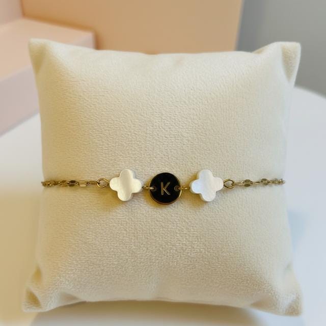 Mother of Pearl Clover Initial Bracelet, Gold Plated Stainless Steel