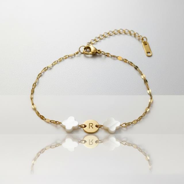 Mother of Pearl Clover Initial Bracelet, Gold Plated Stainless Steel