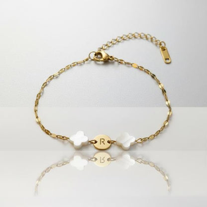 Mother of Pearl Clover Initial Bracelet, Gold Plated Stainless Steel