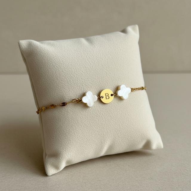 Mother of Pearl Clover Initial Bracelet, Gold Plated Stainless Steel