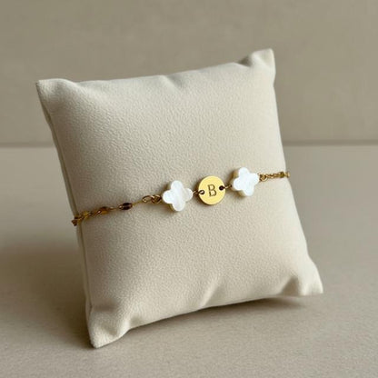 Mother of Pearl Clover Initial Bracelet, Gold Plated Stainless Steel
