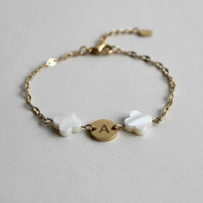 Mother of Pearl Clover Initial Bracelet, Gold Plated Stainless Steel