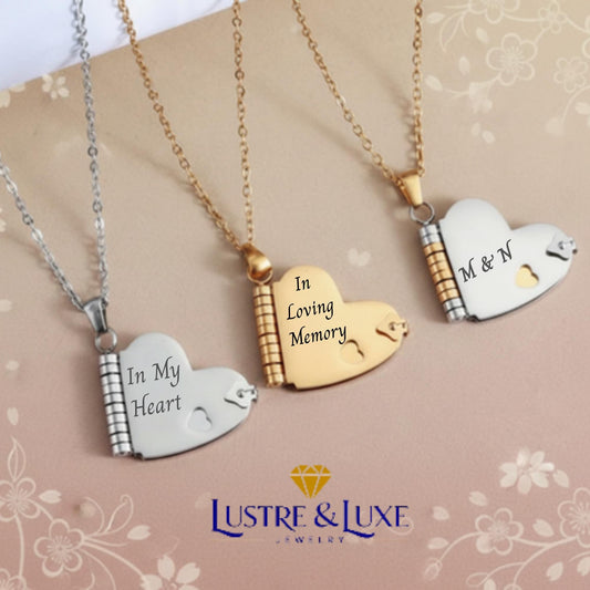 Personalized Heart Locket Necklace, Custom Engraved Stainless Steel Keepsake, Memorial Gift for Her