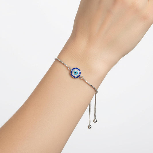 Small Evil Eye Bracelet – Adjustable Silver Slider Bracelet – Minimalist Protection Jewelry