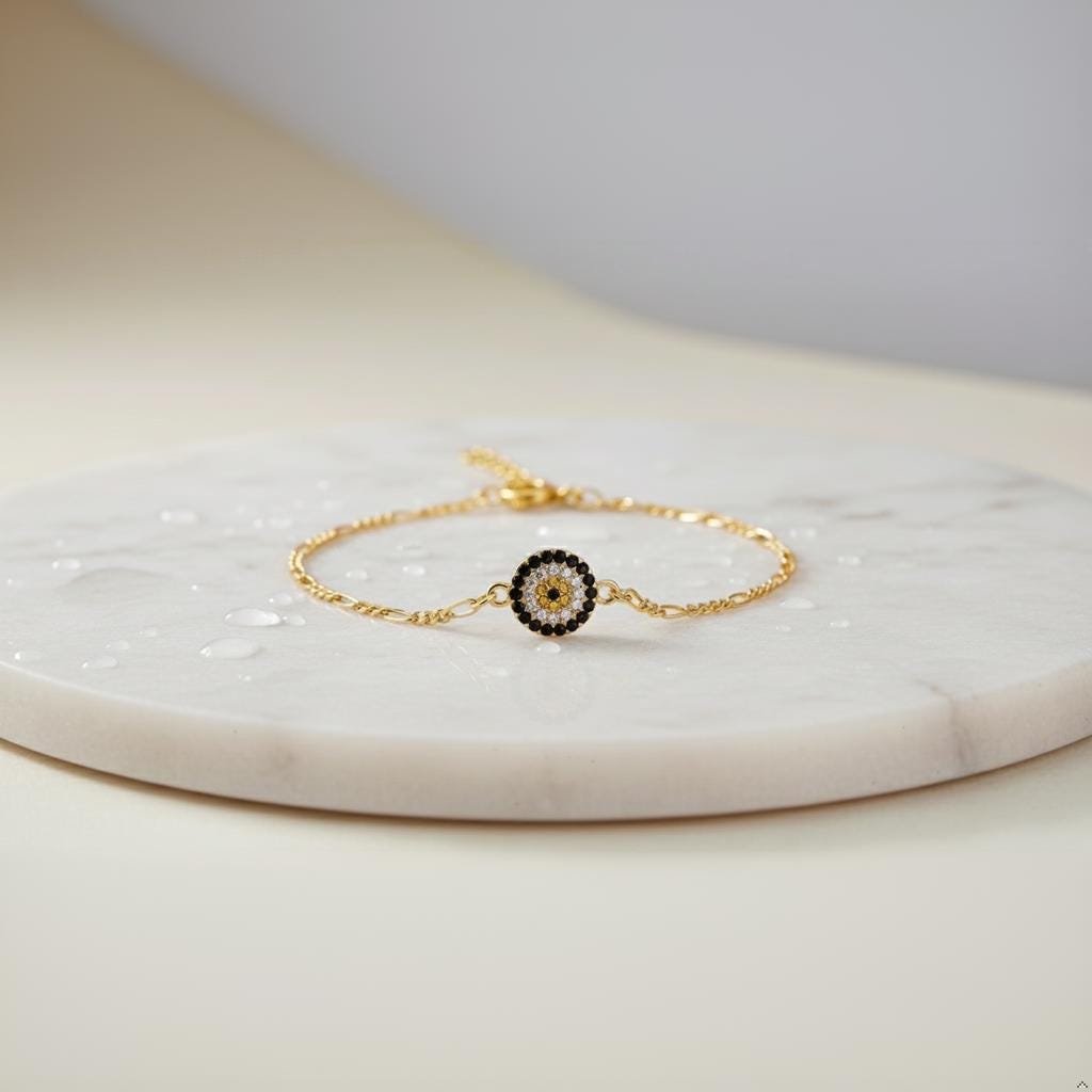 925 Sterling Silver Evil Eye Bracelet, Gold Vermeil Figaro Chain, Protection Gift for Her
