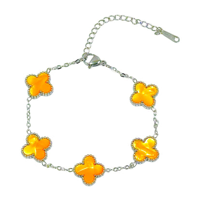 Four Leaf Clover Bracelet for Women – White Gold Plated 316L Stainless Steel, Double-Sided Mother of Pearl, Adjustable Lucky Charm Link Bracelet, Elegant Jewelry Gift for Her, Comes with gift Box.