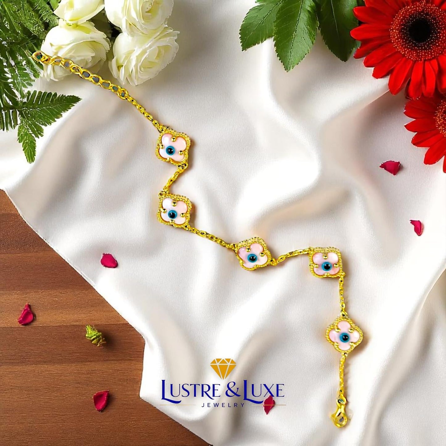 Clover Bracelet - Solid 925 Sterling Silver, 14K Vermeil Gold Plated, Evil Eye, Double Side Handcrafted Unique Glass Artwork , Adjustable Link, Comes in a Beautiful Gift Box, Perfect for Birthdays, Anniversaries, Valentine’s Day, or Mother’s Day.