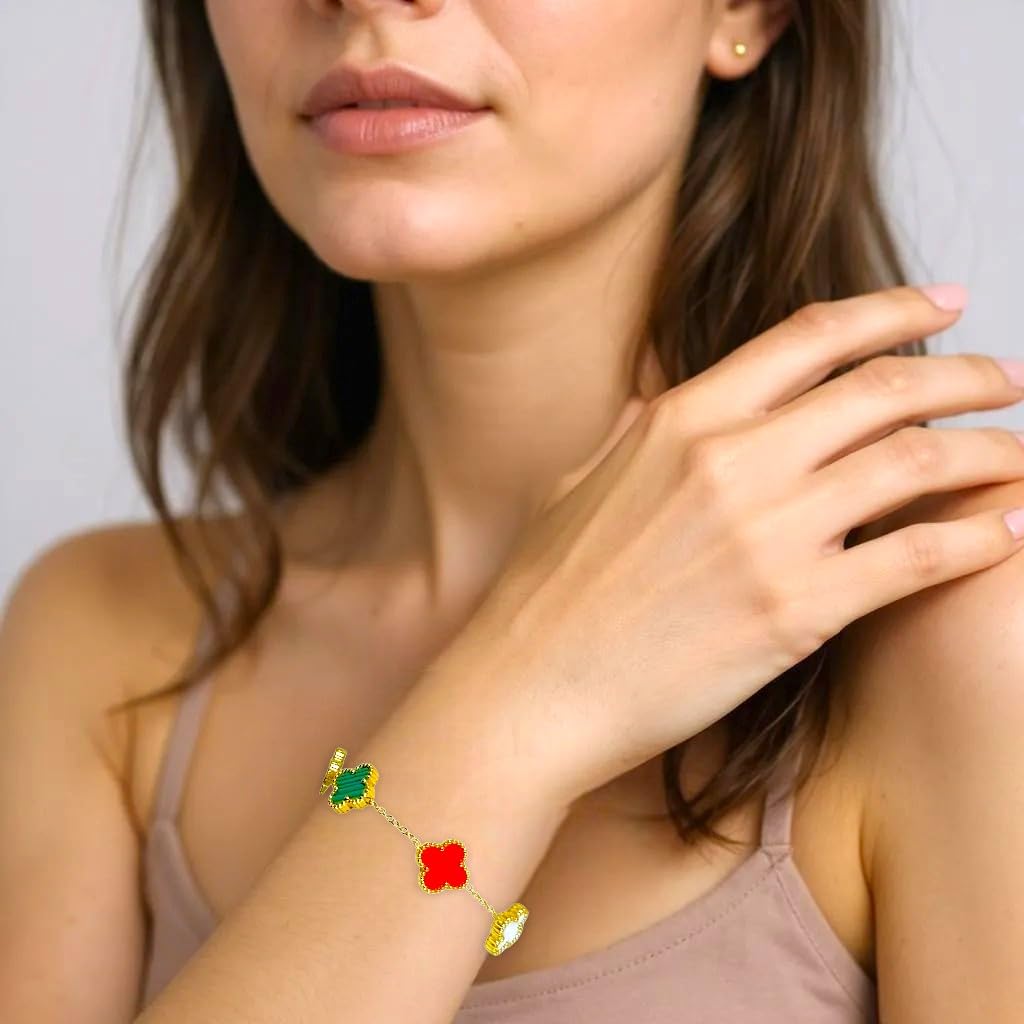 Four Leaf Clover Bracelet for Women – 18K Gold Plated 316L Stainless Steel, Double-Sided Mother of Pearl, Adjustable Lucky Charm Link Bracelet, Elegant Jewelry Gift for Her, Comes with gift Box.