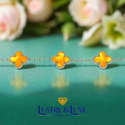 Four Leaf Clover Bracelet for Women – White Gold Plated 316L Stainless Steel, Double-Sided Mother of Pearl, Adjustable Lucky Charm Link Bracelet, Elegant Jewelry Gift for Her, Comes with gift Box.