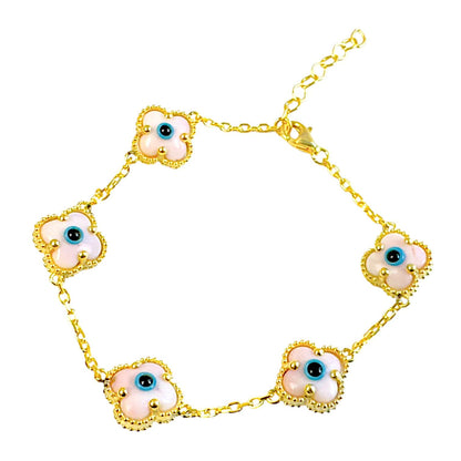 Clover Bracelet - Solid 925 Sterling Silver, 14K Vermeil Gold Plated, Evil Eye, Double Side Handcrafted Unique Glass Artwork , Adjustable Link, Comes in a Beautiful Gift Box, Perfect for Birthdays, Anniversaries, Valentine’s Day, or Mother’s Day.