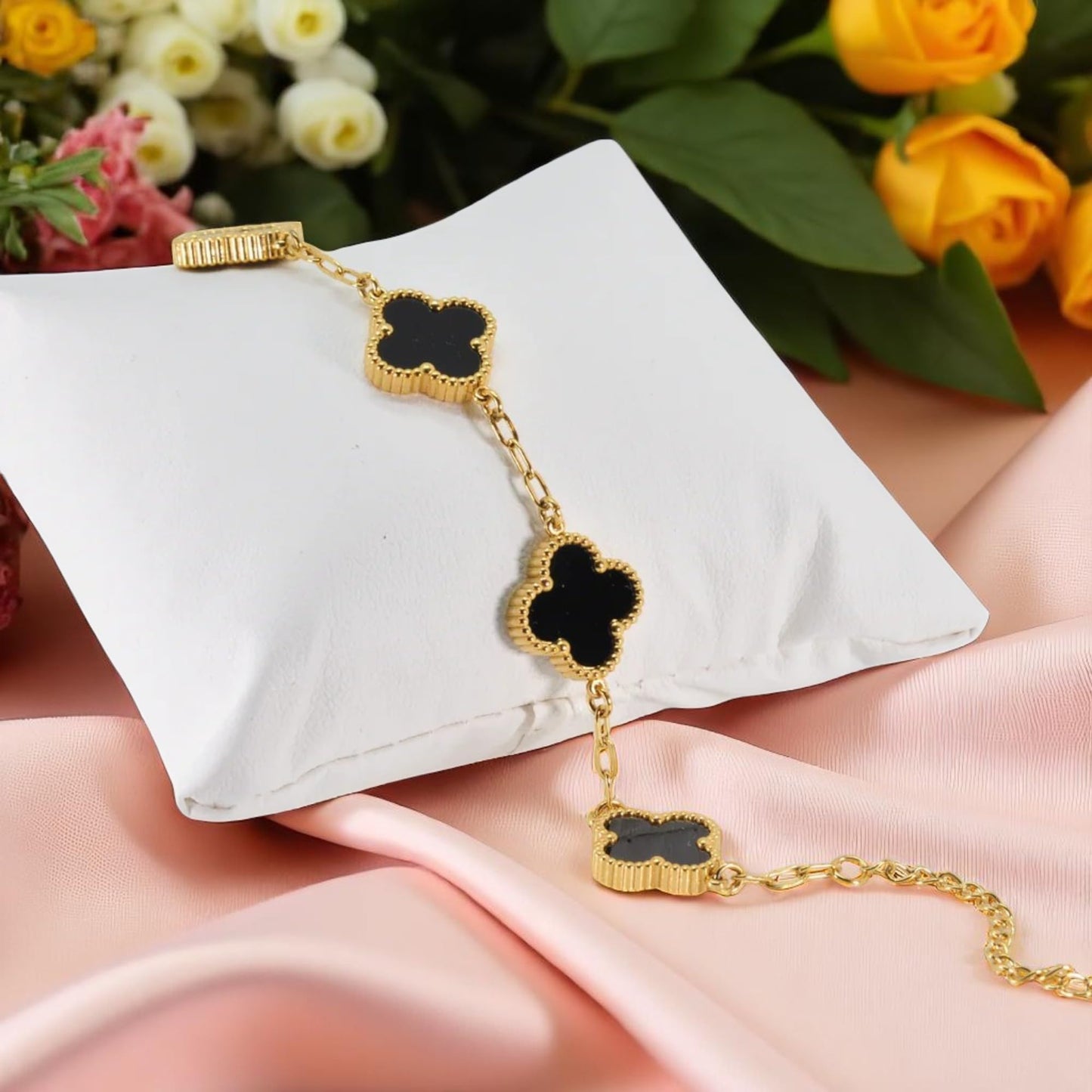 Four Leaf Lucky Clover Bracelet for Women, 18K Gold Plated Stainless Steel, Double Side Unique Mother Pearl Colors, Adjustable Link, Free Valentines Gift Box, Great Gift For Her.