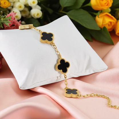 Four Leaf Lucky Clover Bracelet for Women, 18K Gold Plated Stainless Steel, Double Side Unique Mother Pearl Colors, Adjustable Link, Free Valentines Gift Box, Great Gift For Her.