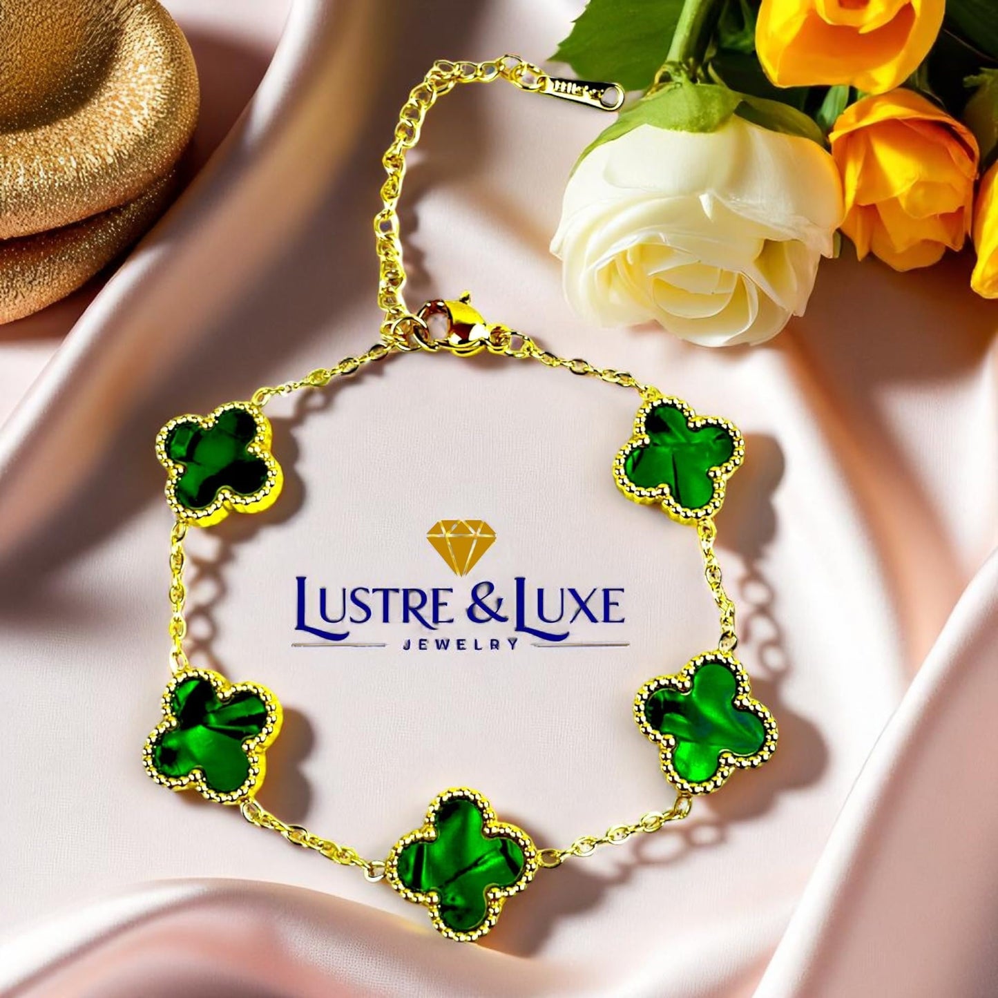 Four Leaf Lucky Clover Bracelet for Women, 18K Gold Plated Stainless Steel, Double Side Unique Mother Pearl Colors, Adjustable Link, Free Valentines Gift Box, Great Gift For Her.