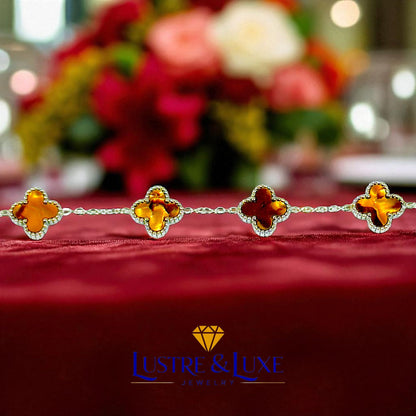 Four Leaf Clover Bracelet for Women – White Gold Plated 316L Stainless Steel, Double-Sided Mother of Pearl, Adjustable Lucky Charm Link Bracelet, Elegant Jewelry Gift for Her, Comes with gift Box.