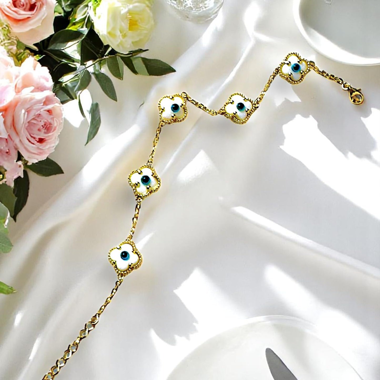 Clover Bracelet - Solid 925 Sterling Silver, 14K Vermeil Gold Plated, Evil Eye, Double Side Handcrafted Unique Glass Artwork , Adjustable Link, Comes in a Beautiful Gift Box, Perfect for Birthdays, Anniversaries, Valentine’s Day, or Mother’s Day.