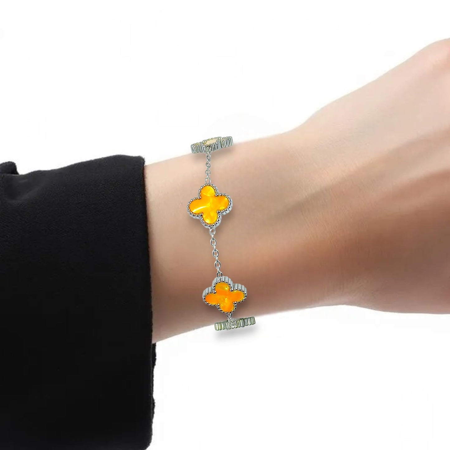 Four Leaf Clover Bracelet for Women – White Gold Plated 316L Stainless Steel, Double-Sided Mother of Pearl, Adjustable Lucky Charm Link Bracelet, Elegant Jewelry Gift for Her, Comes with gift Box.