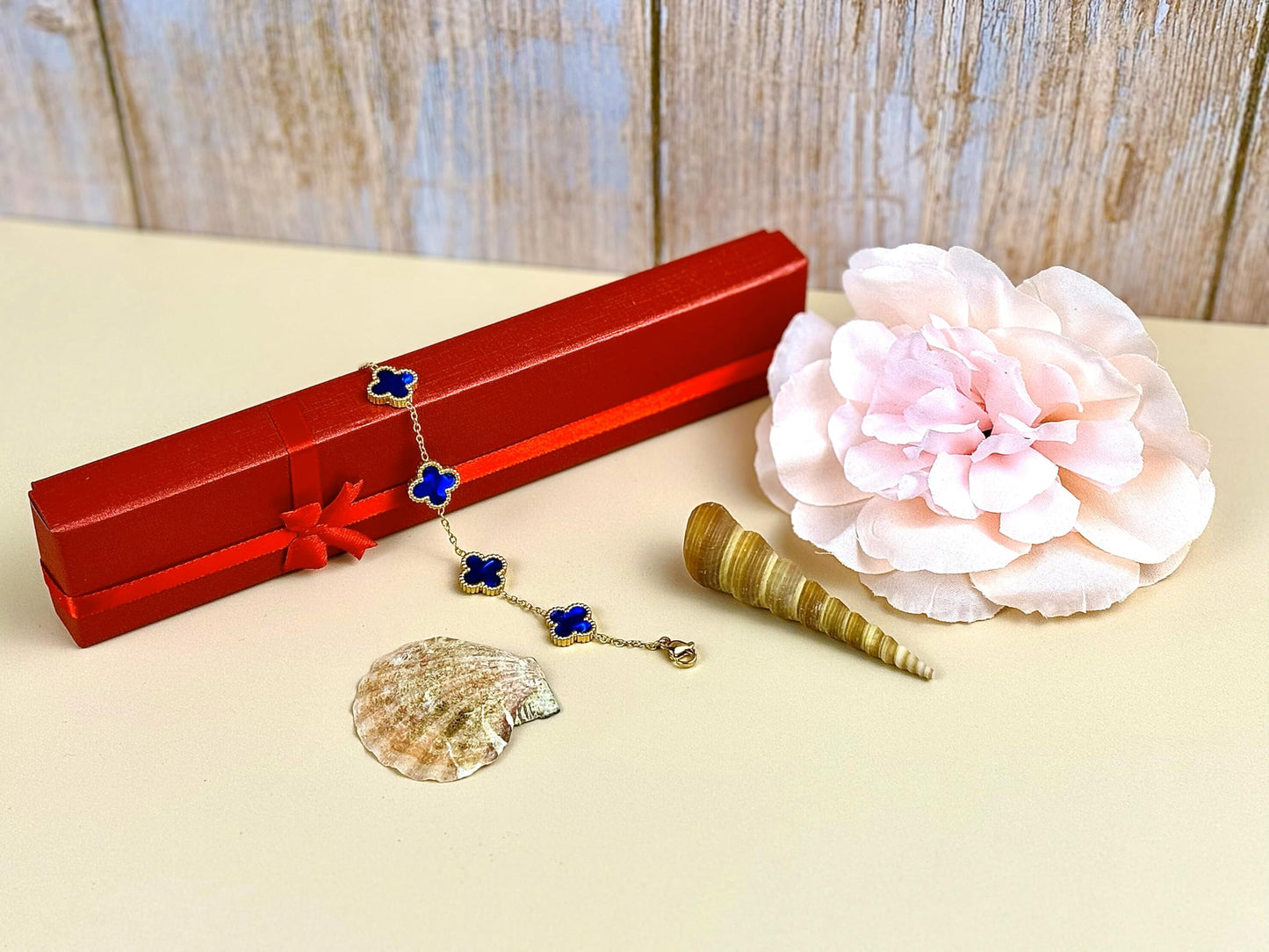 Four Leaf Lucky Clover Bracelet for Women, 18K Gold Plated Stainless Steel, Double Side Unique Mother Pearl Colors, Adjustable Link, Free Valentines Gift Box, Great Gift For Her.