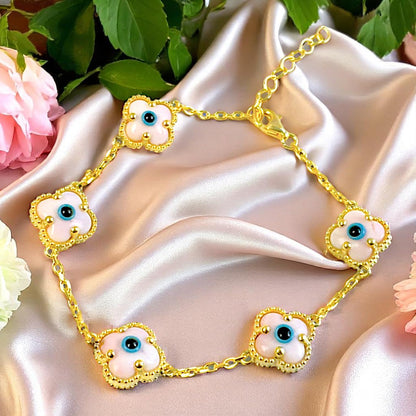 Clover Bracelet - Solid 925 Sterling Silver, 14K Vermeil Gold Plated, Evil Eye, Double Side Handcrafted Unique Glass Artwork , Adjustable Link, Comes in a Beautiful Gift Box, Perfect for Birthdays, Anniversaries, Valentine’s Day, or Mother’s Day.