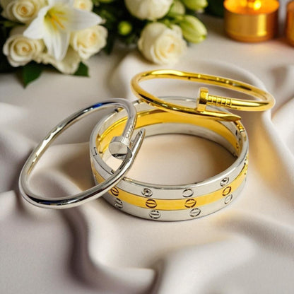 Nail Bangle Bracelet – 18K White Gold Plated, 316L Stainless Steel, Modern Minimalist Jewelry for Women