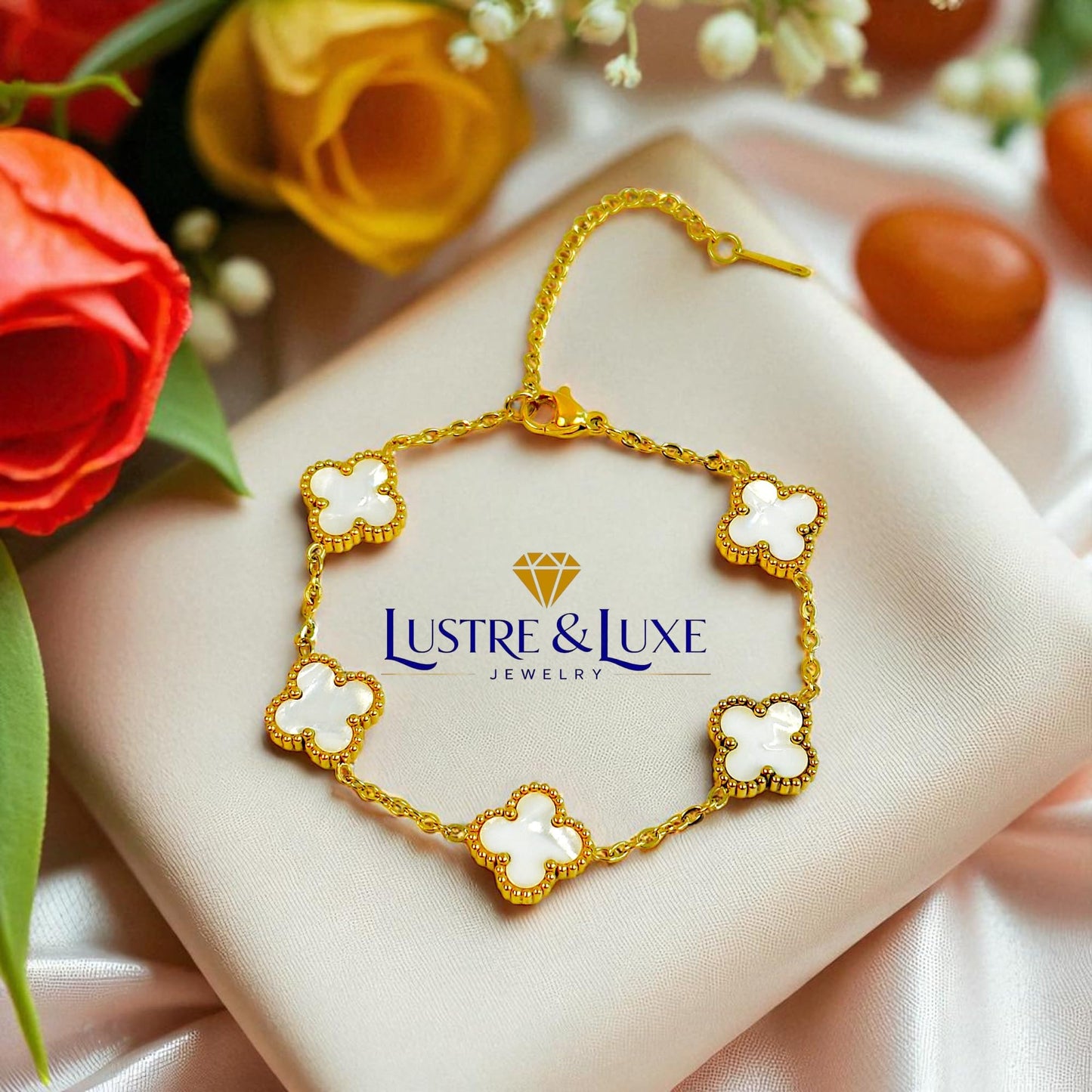 Four Leaf Clover Bracelet for Women – 18K Gold Plated 316L Stainless Steel, Double-Sided Mother of Pearl, Adjustable Lucky Charm Link Bracelet, Elegant Jewelry Gift for Her, Comes with gift Box.