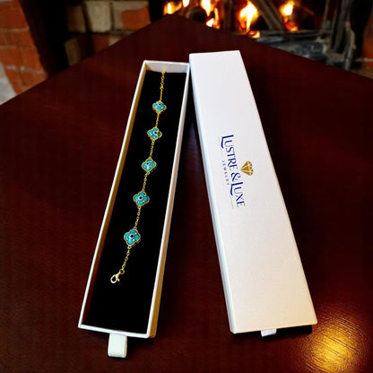 Clover Bracelet - Solid 925 Sterling Silver, 14K Vermeil Gold Plated, Evil Eye, Double Side Handcrafted Unique Glass Artwork , Adjustable Link, Comes in a Beautiful Gift Box, Perfect for Birthdays, Anniversaries, Valentine’s Day, or Mother’s Day.