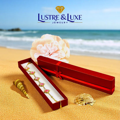 Four Leaf Lucky Clover Bracelet for Women, 18K Gold Plated Stainless Steel, Double Side Unique Mother Pearl Colors, Adjustable Link, Free Valentines Gift Box, Great Gift For Her.