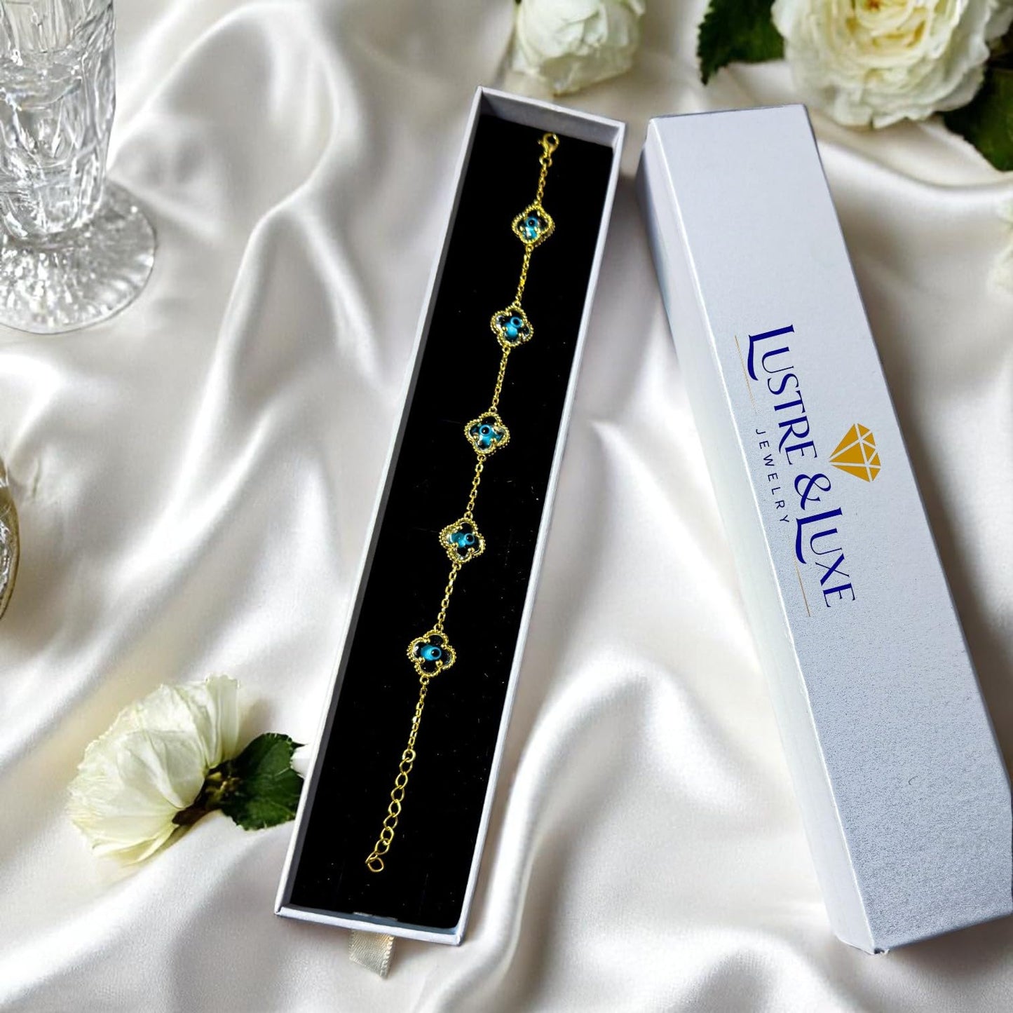 Clover Bracelet - Solid 925 Sterling Silver, 14K Vermeil Gold Plated, Evil Eye, Double Side Handcrafted Unique Glass Artwork , Adjustable Link, Comes in a Beautiful Gift Box, Perfect for Birthdays, Anniversaries, Valentine’s Day, or Mother’s Day.