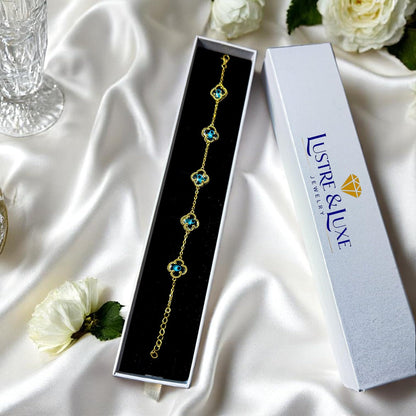 Clover Bracelet - Solid 925 Sterling Silver, 14K Vermeil Gold Plated, Evil Eye, Double Side Handcrafted Unique Glass Artwork , Adjustable Link, Comes in a Beautiful Gift Box, Perfect for Birthdays, Anniversaries, Valentine’s Day, or Mother’s Day.