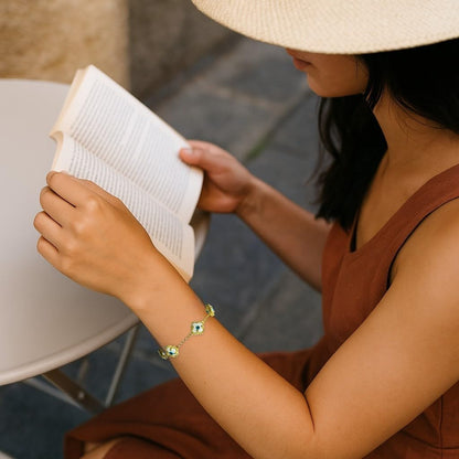 Clover Bracelet - Solid 925 Sterling Silver, 14K Vermeil Gold Plated, Evil Eye, Double Side Handcrafted Unique Glass Artwork , Adjustable Link, Comes in a Beautiful Gift Box, Perfect for Birthdays, Anniversaries, Valentine’s Day, or Mother’s Day.