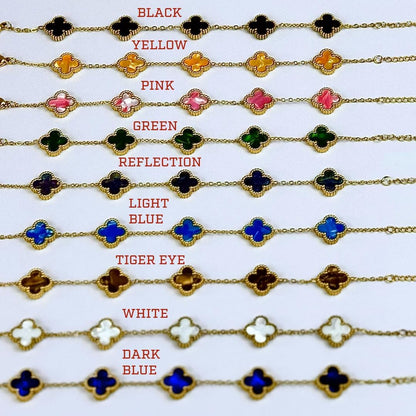 Four Leaf Lucky Clover Bracelet for Women, 18K Gold Plated Stainless Steel, Double Side Unique Mother Pearl Colors, Adjustable Link, Free Valentines Gift Box, Great Gift For Her.