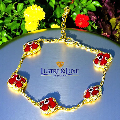 Clover Bracelet - Solid 925 Sterling Silver, 14K Vermeil Gold Plated, Evil Eye, Double Side Handcrafted Unique Glass Artwork , Adjustable Link, Comes in a Beautiful Gift Box, Perfect for Birthdays, Anniversaries, Valentine’s Day, or Mother’s Day.