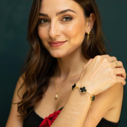 Four Leaf Lucky Clover Bracelet for Women, 18K Gold Plated Stainless Steel, Double Side Unique Mother Pearl Colors, Adjustable Link, Free Valentines Gift Box, Great Gift For Her.