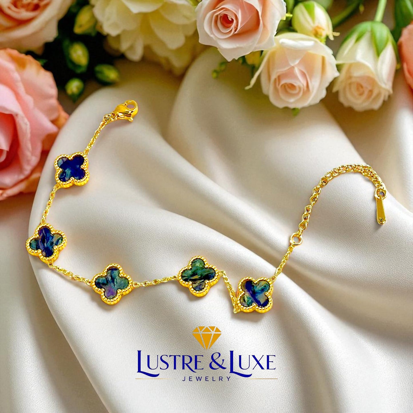 Four Leaf Clover Bracelet for Women – 18K Gold Plated 316L Stainless Steel, Double-Sided Mother of Pearl, Adjustable Lucky Charm Link Bracelet, Elegant Jewelry Gift for Her, Comes with gift Box.