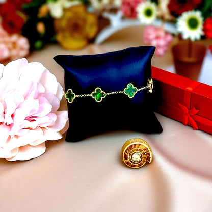 Four Leaf Lucky Clover Bracelet for Women, 18K Gold Plated Stainless Steel, Double Side Unique Mother Pearl Colors, Adjustable Link, Free Valentines Gift Box, Great Gift For Her.