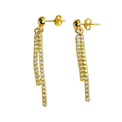 14K Solid Gold Dangle Earrings for Women – Cubic Zirconia Double Strand, 1.5" & 1" Drop, Sparkling Lightweight Stud, Elegant Gift for Her, Fine Jewelry