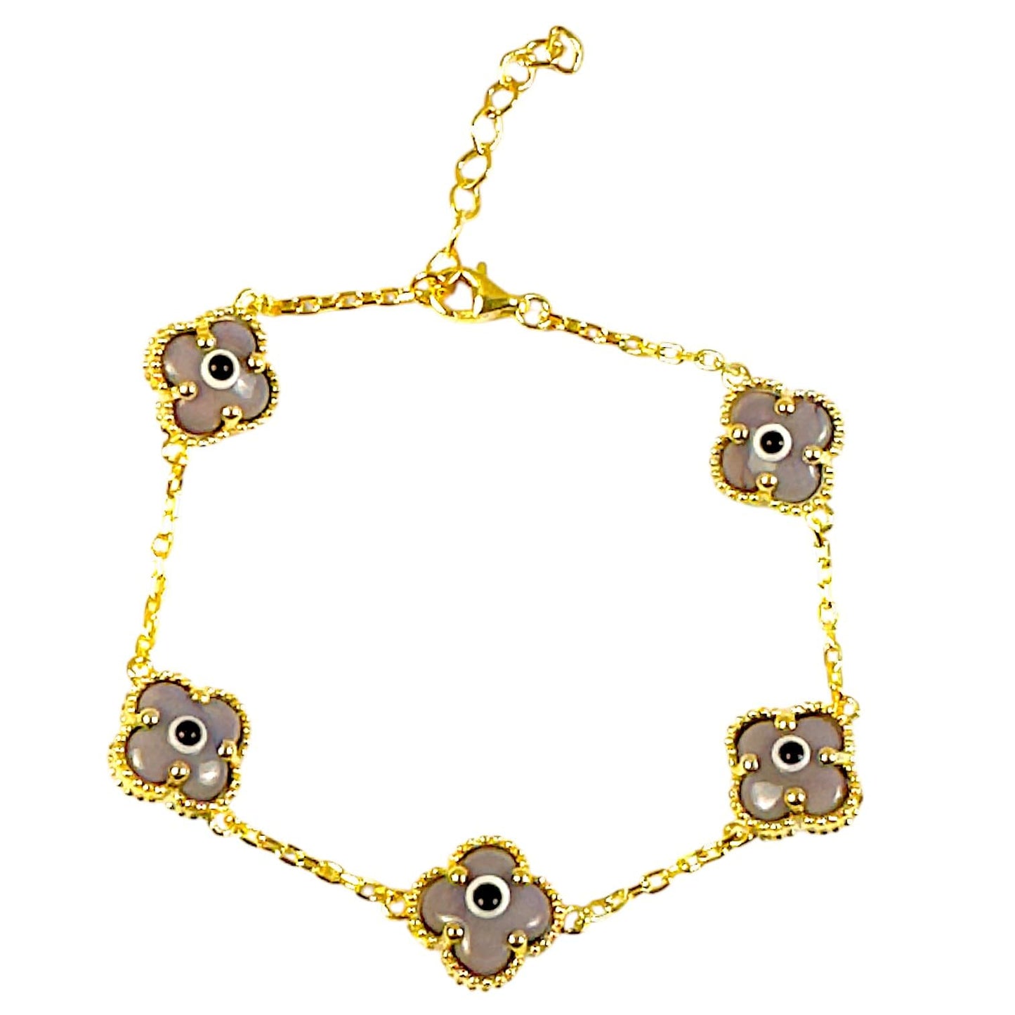 Clover Bracelet - Solid 925 Sterling Silver, 14K Vermeil Gold Plated, Evil Eye, Double Side Handcrafted Unique Glass Artwork , Adjustable Link, Comes in a Beautiful Gift Box, Perfect for Birthdays, Anniversaries, Valentine’s Day, or Mother’s Day.