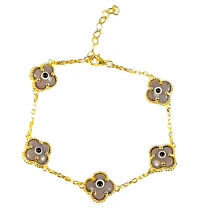 Clover Bracelet - Solid 925 Sterling Silver, 14K Vermeil Gold Plated, Evil Eye, Double Side Handcrafted Unique Glass Artwork , Adjustable Link, Comes in a Beautiful Gift Box, Perfect for Birthdays, Anniversaries, Valentine’s Day, or Mother’s Day.