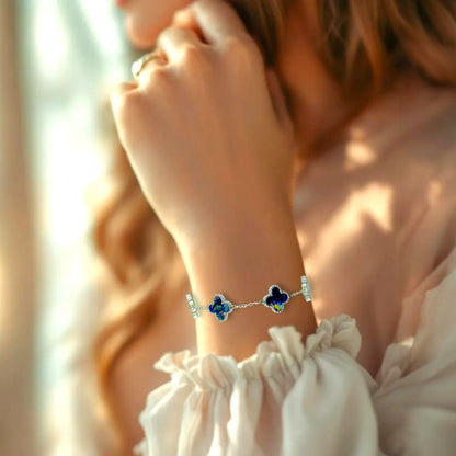 Four Leaf Clover Bracelet for Women – White Gold Plated 316L Stainless Steel, Double-Sided Mother of Pearl, Adjustable Lucky Charm Link Bracelet, Elegant Jewelry Gift for Her, Comes with gift Box.