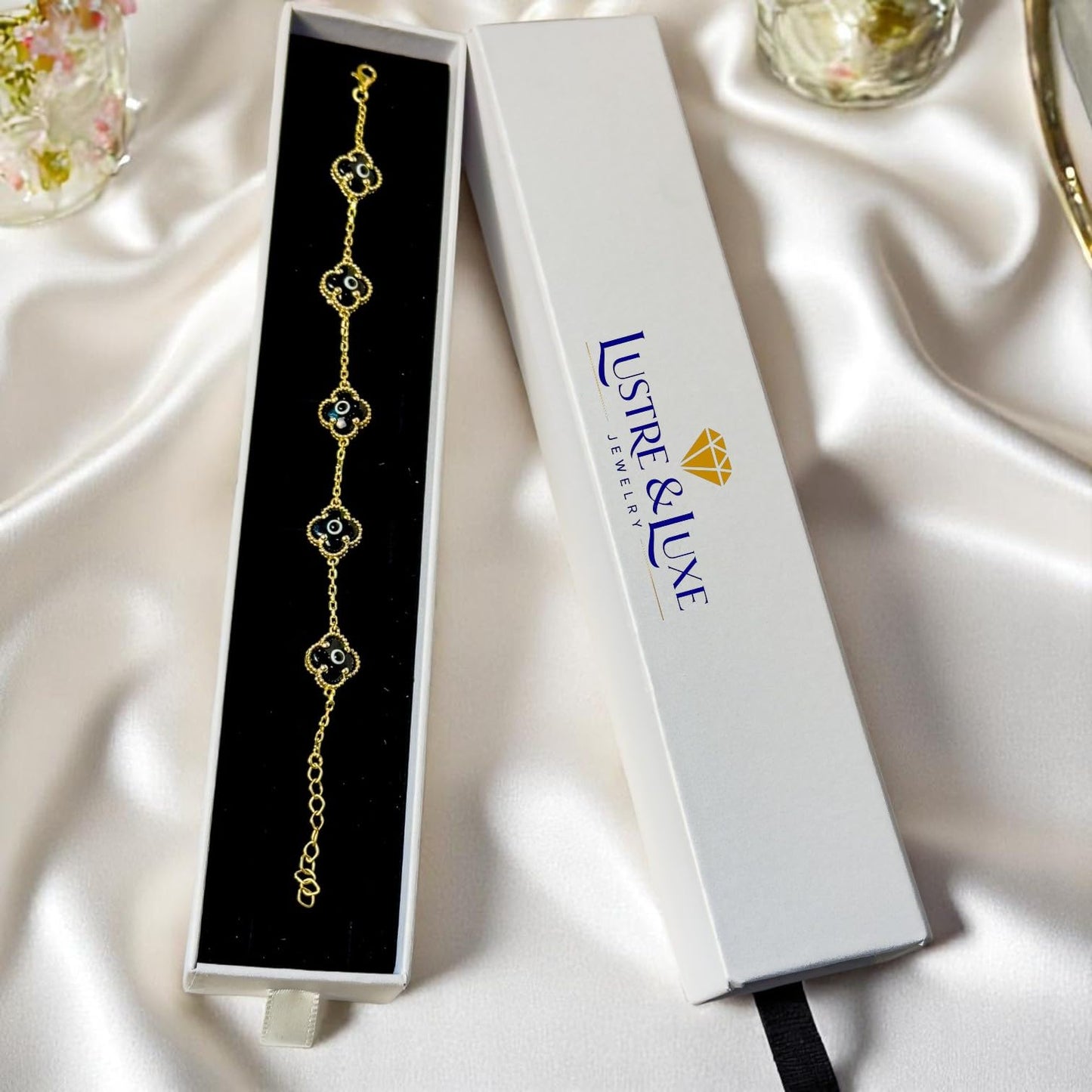 Clover Bracelet - Solid 925 Sterling Silver, 14K Vermeil Gold Plated, Evil Eye, Double Side Handcrafted Unique Glass Artwork , Adjustable Link, Comes in a Beautiful Gift Box, Perfect for Birthdays, Anniversaries, Valentine’s Day, or Mother’s Day.