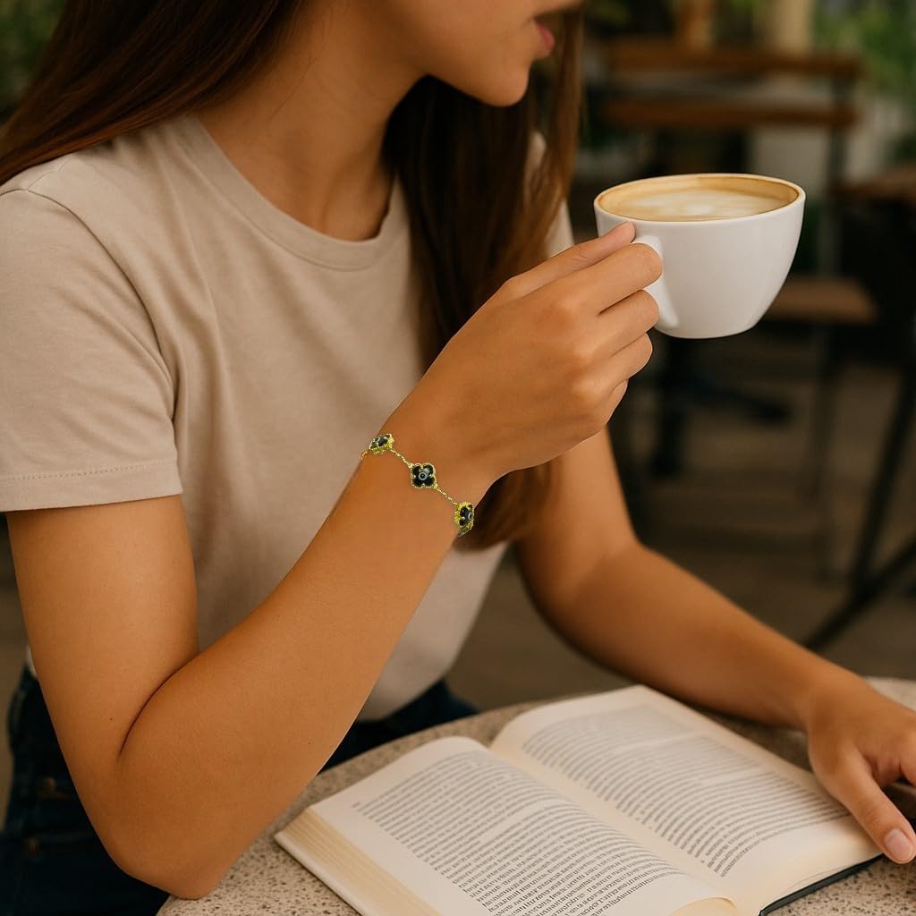Clover Bracelet - Solid 925 Sterling Silver, 14K Vermeil Gold Plated, Evil Eye, Double Side Handcrafted Unique Glass Artwork , Adjustable Link, Comes in a Beautiful Gift Box, Perfect for Birthdays, Anniversaries, Valentine’s Day, or Mother’s Day.