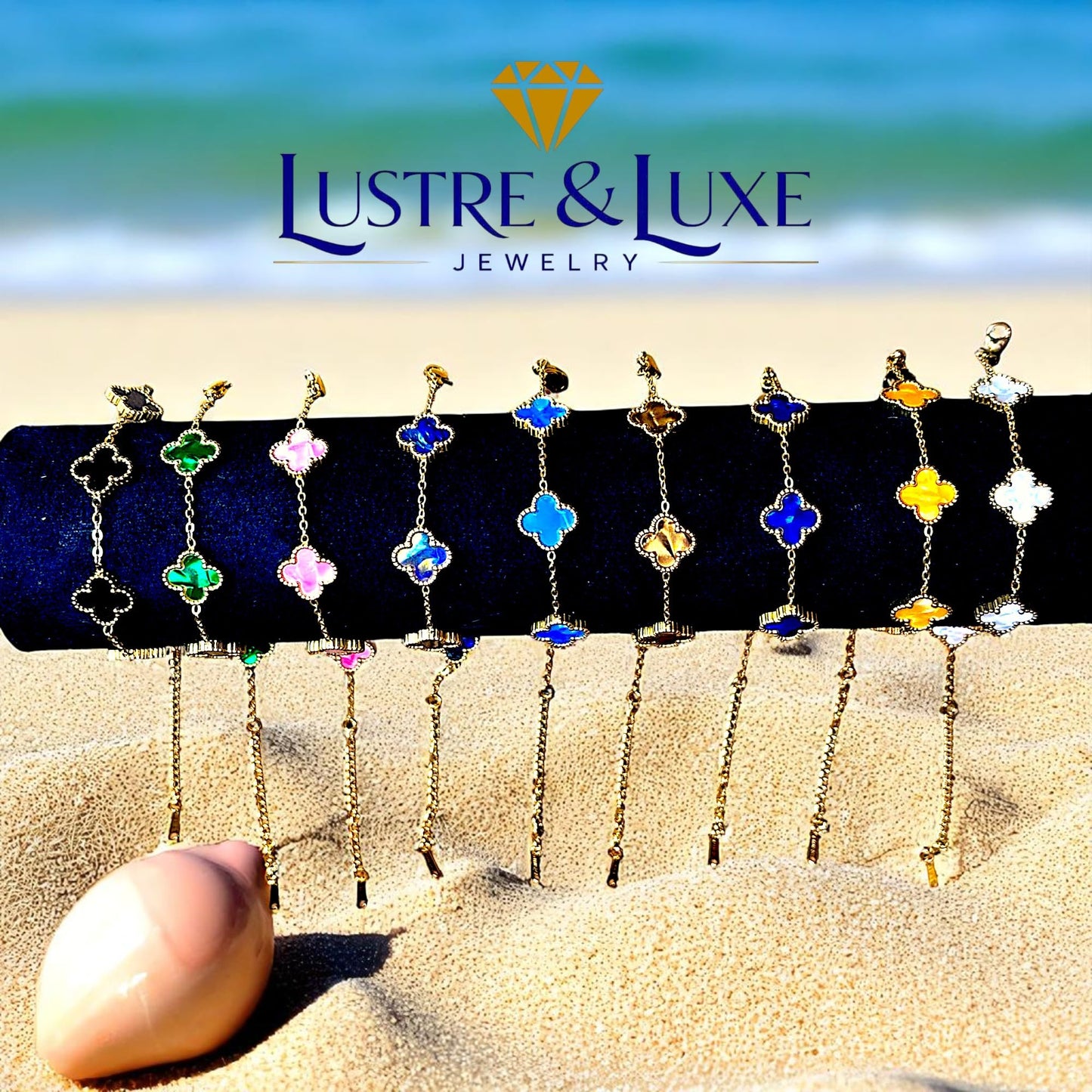 Four Leaf Lucky Clover Bracelet for Women, 18K Gold Plated Stainless Steel, Double Side Unique Mother Pearl Colors, Adjustable Link, Free Valentines Gift Box, Great Gift For Her.