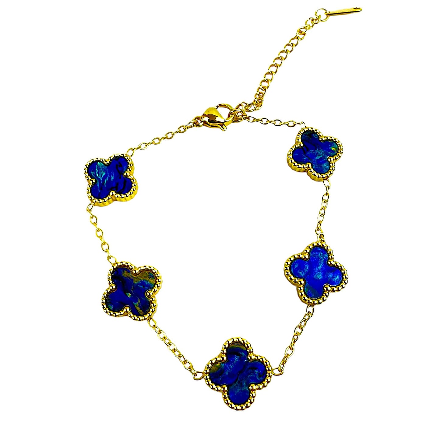 Four Leaf Lucky Clover Bracelet for Women, 18K Gold Plated Stainless Steel, Double Side Unique Mother Pearl Colors, Adjustable Link, Free Valentines Gift Box, Great Gift For Her.