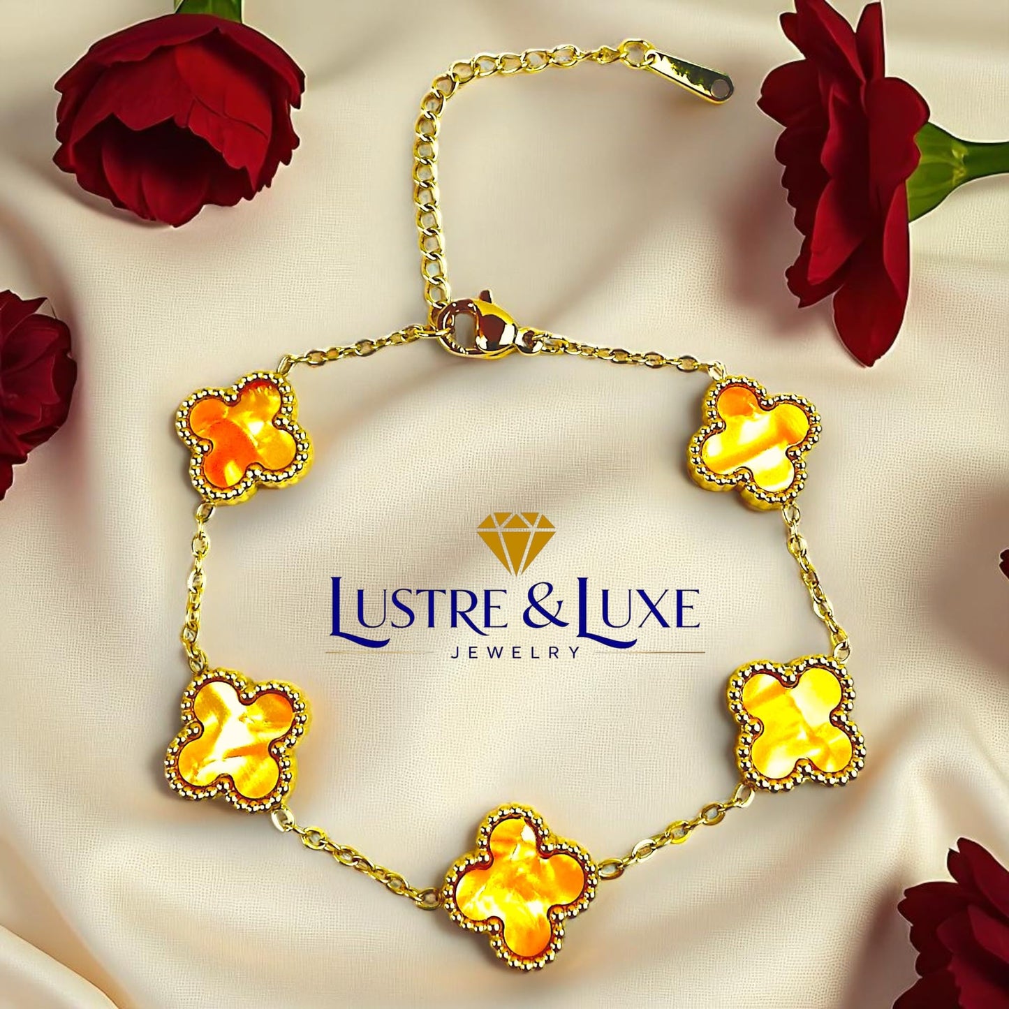 Four Leaf Lucky Clover Bracelet for Women, 18K Gold Plated Stainless Steel, Double Side Unique Mother Pearl Colors, Adjustable Link, Free Valentines Gift Box, Great Gift For Her.