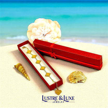 Four Leaf Lucky Clover Bracelet for Women, 18K Gold Plated Stainless Steel, Double Side Unique Mother Pearl Colors, Adjustable Link, Free Valentines Gift Box, Great Gift For Her.