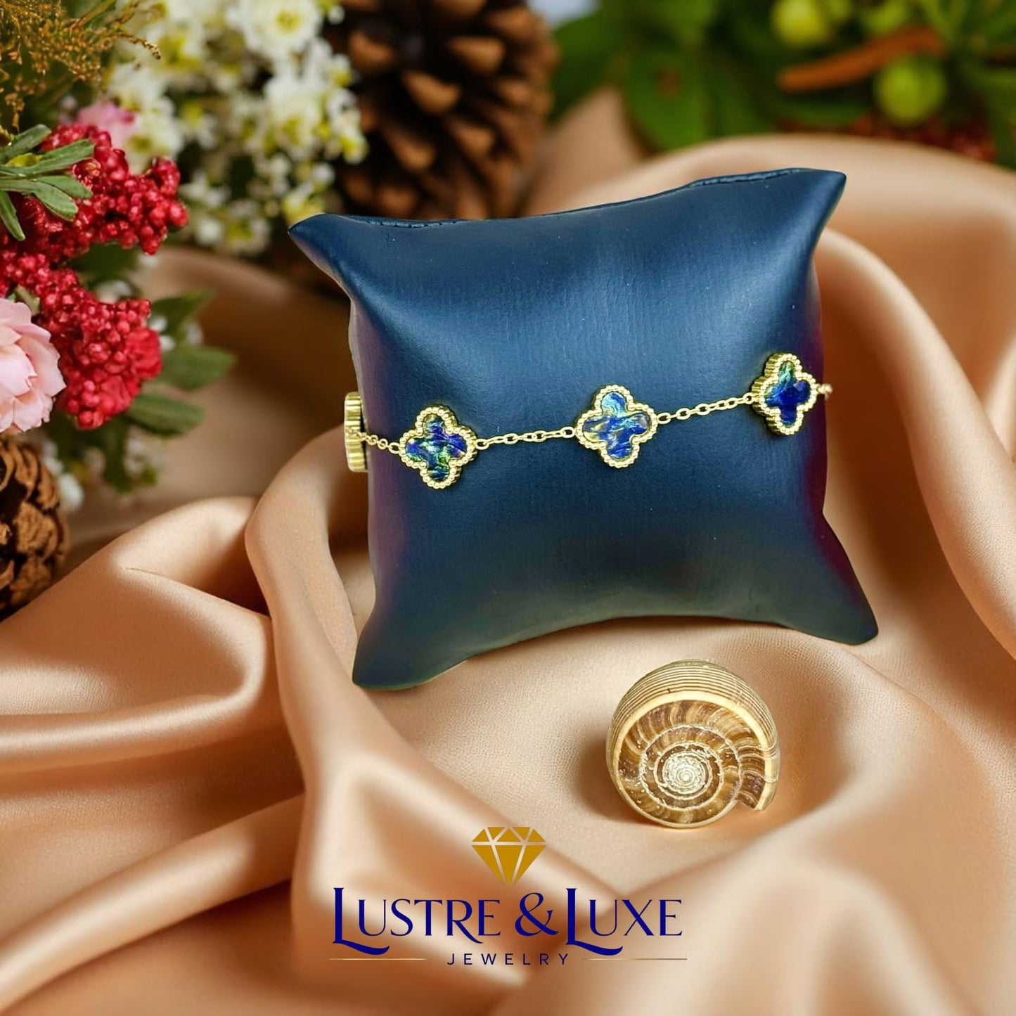 Four Leaf Lucky Clover Bracelet for Women, 18K Gold Plated Stainless Steel, Double Side Unique Mother Pearl Colors, Adjustable Link, Free Valentines Gift Box, Great Gift For Her.