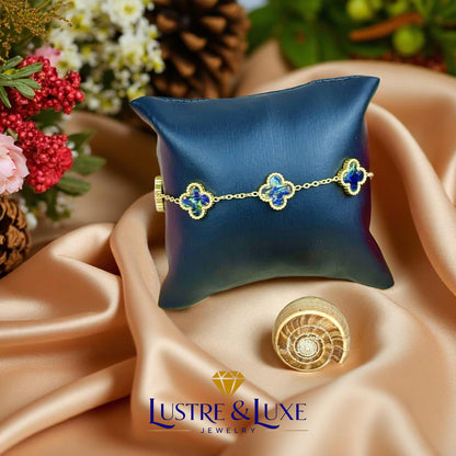 Four Leaf Lucky Clover Bracelet for Women, 18K Gold Plated Stainless Steel, Double Side Unique Mother Pearl Colors, Adjustable Link, Free Valentines Gift Box, Great Gift For Her.