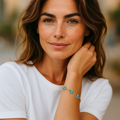 Clover Bracelet - Solid 925 Sterling Silver, 14K Vermeil Gold Plated, Evil Eye, Double Side Handcrafted Unique Glass Artwork , Adjustable Link, Comes in a Beautiful Gift Box, Perfect for Birthdays, Anniversaries, Valentine’s Day, or Mother’s Day.